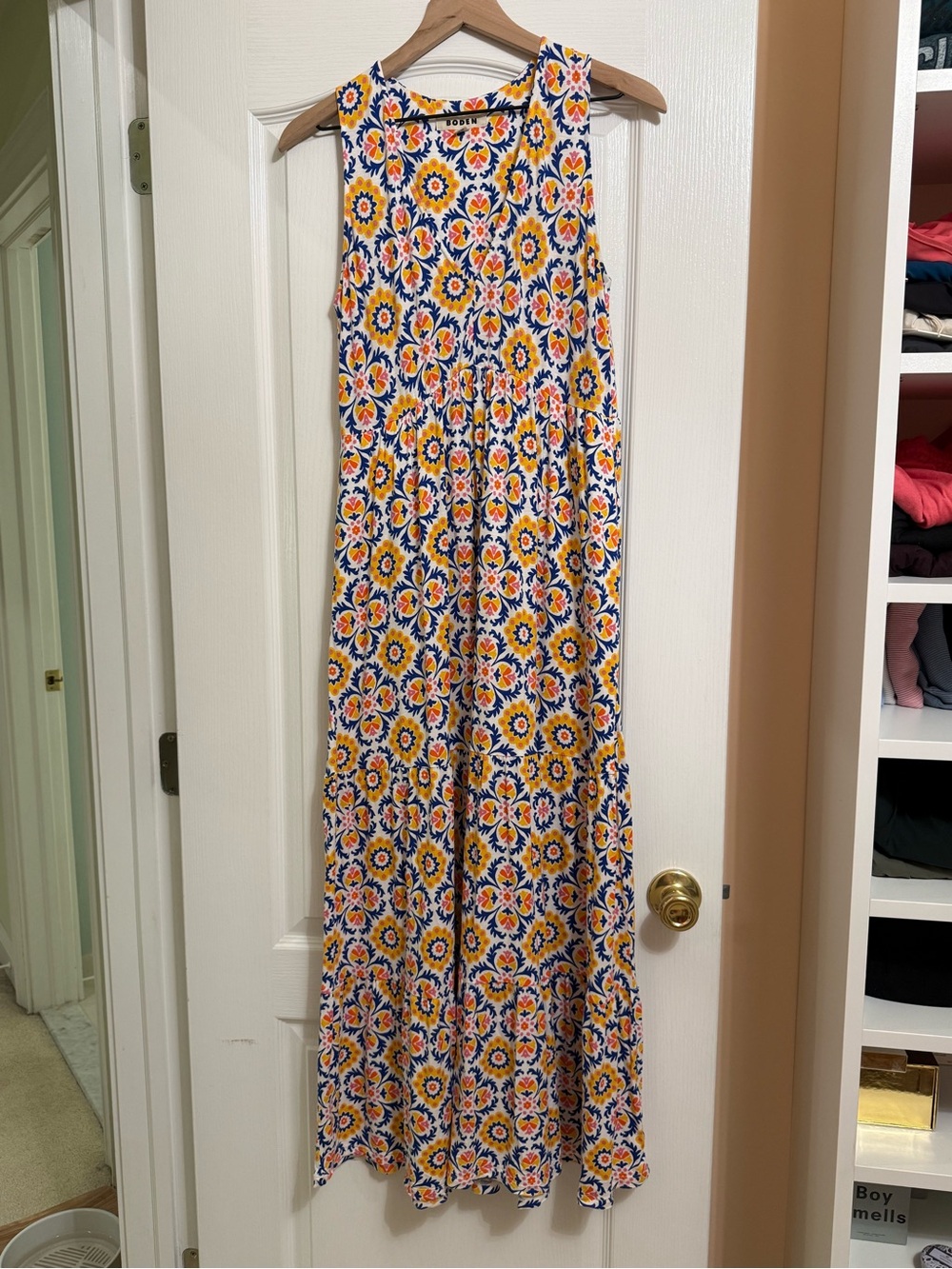Boden Sylvia Jersey Maxi Tier Dress in artisans gold, mosaic bloom